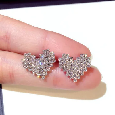 

925 Sterling Silver Needle Sparkling Rhinestone Heart Stud Earrings Hypoallergenic 15mm Small Crystal Heart Shape Earrings