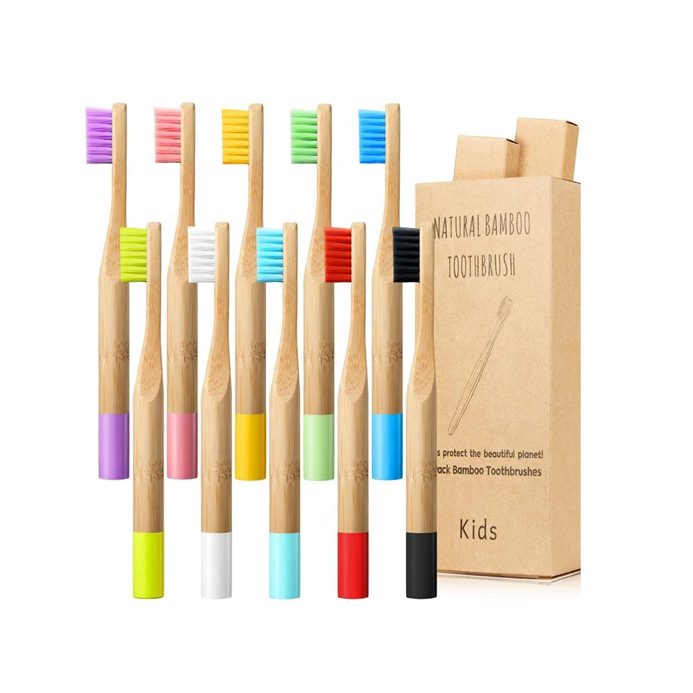 

4 Pack OEM Ergonomic round Handle Wholesale replacebale Biodegradable Charcoal Bamboo Toothbrush, Natural bamboo color