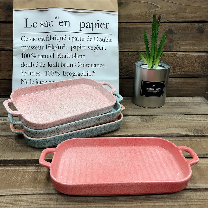 

Nordic creative double ears rectangular ceramic baking plate for restaurant and home use