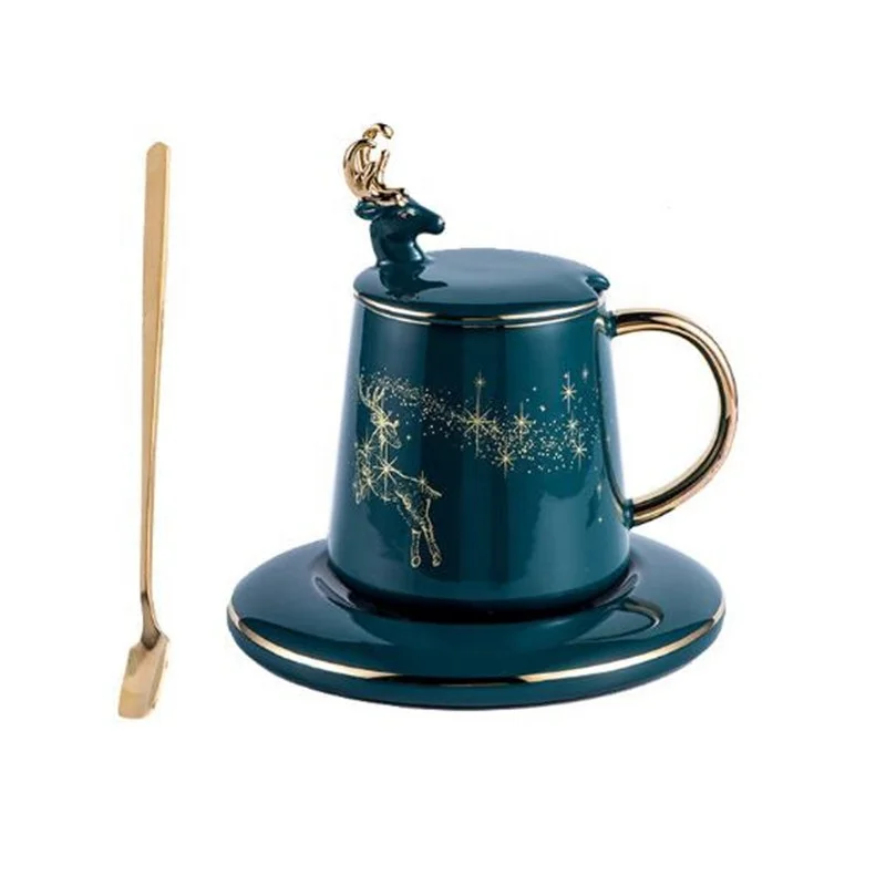 

Ceramics Retro Deer Round Coffee Sets with Lid, Gold/green