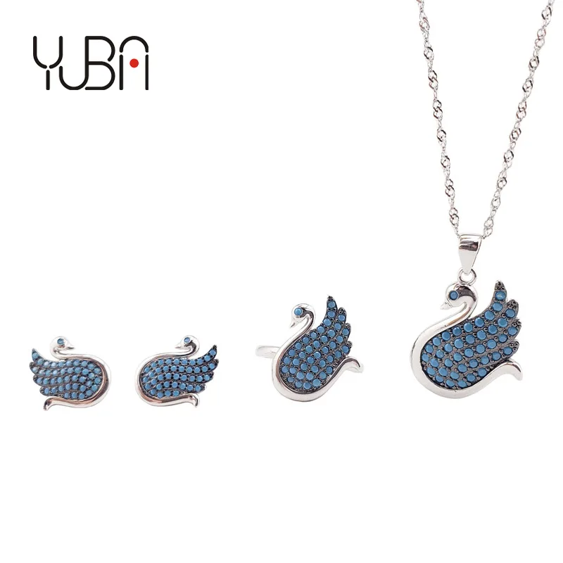 

Wholesale Women Fashion Ring Turkish Style Swan Turquoise 925 Sterling Silver Jewelry Sets Necklace, Blue