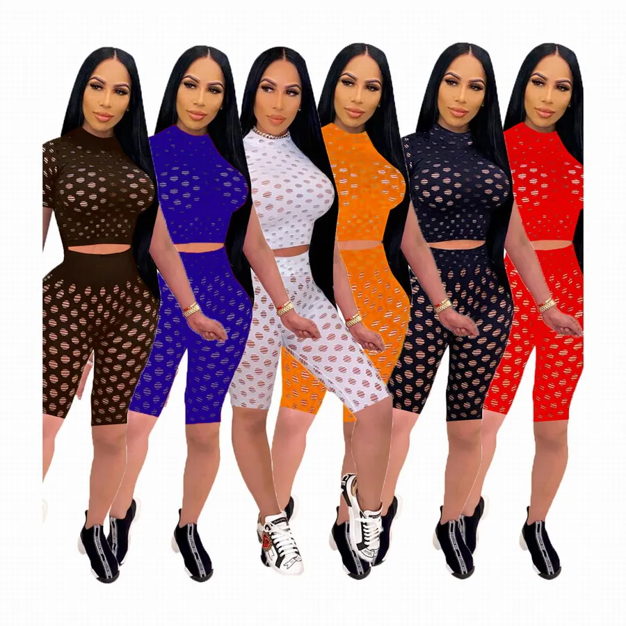

Foma CM2101 new arrival top and shorts fashion sexy hollow out bodycon 2 two piece set night club for women, 6 colors