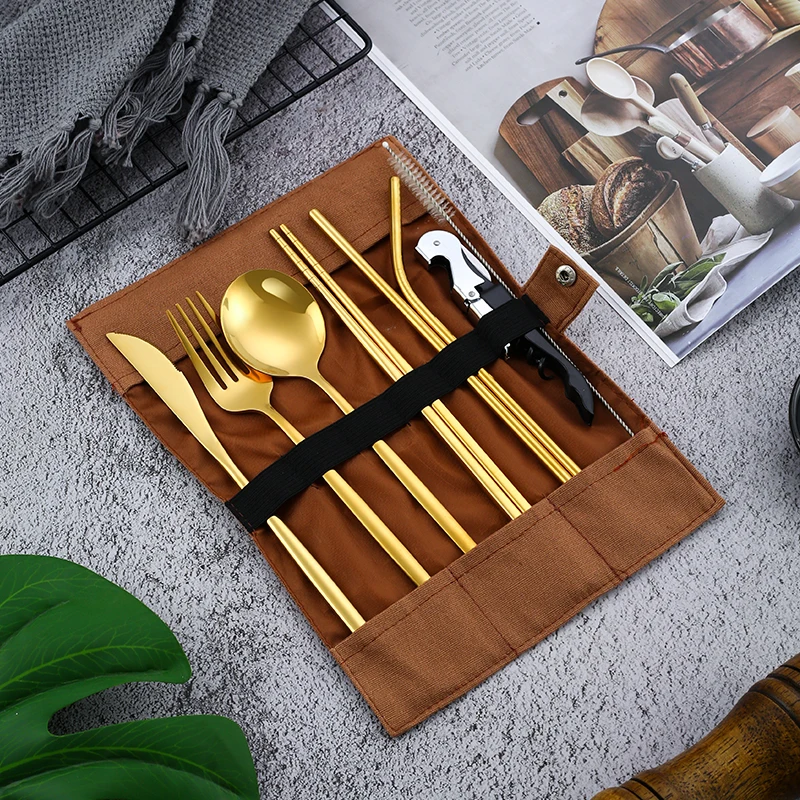 

Fashion Portable Flatware Set Sendok Garpu Gold Silverware Camping Travel Cutlery with Cloth Bag, Sliver.gold