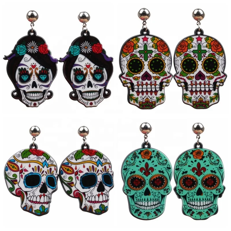 

2021 SC Hot Sale Halloween Earrings Fashion Acrylic Rose Cross Skull Shaped Pendent Earrings for Women Halloween Gift, Picture shows