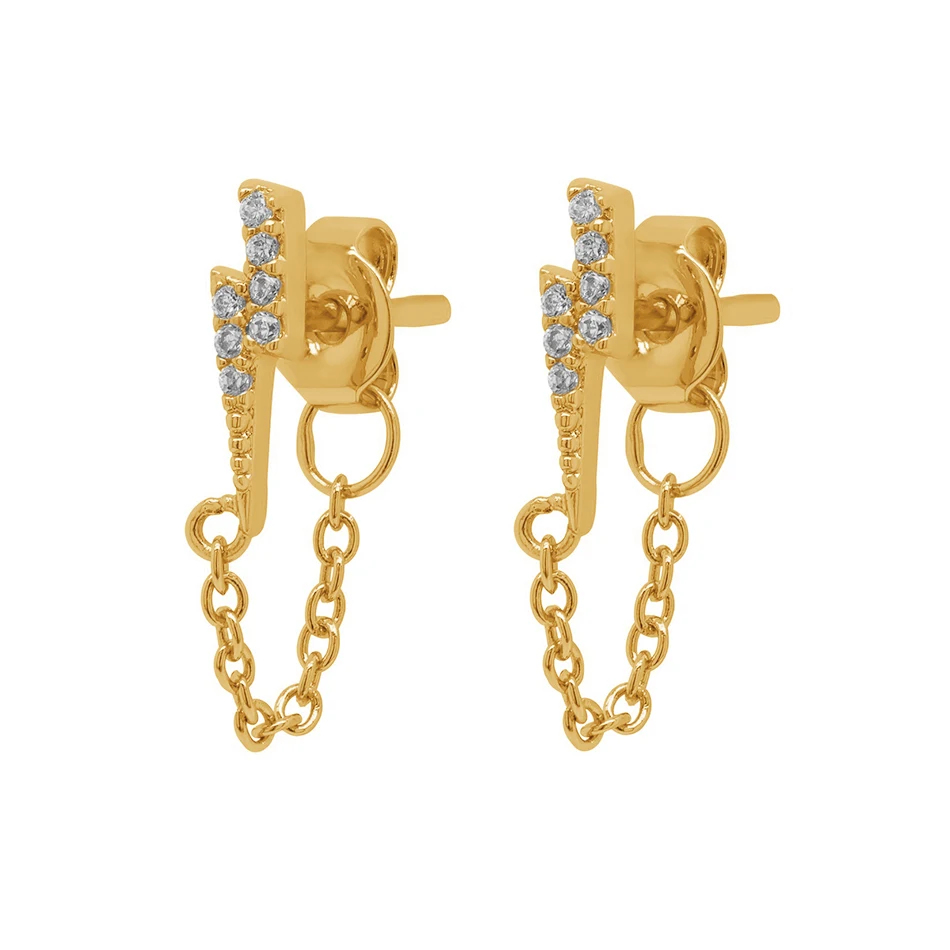 

high grade new women earrings 18k gold plated nice 925 sterling silver cz pave lightning chain stud earrings