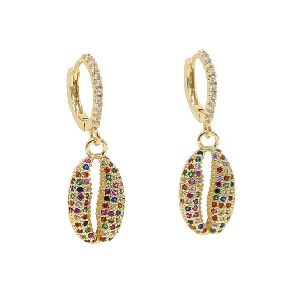 

2021 summer new arrived jewelry Gold filled micro pave rainbow cubic zirconia sea shell dangle charm earring