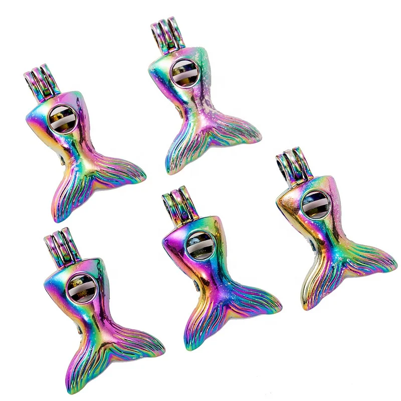 

Rainbow Colored Open Fish Mermaid Tail Oyster Pearl Cage Bead Cage Pendant Lockets Essential Oil Diffuser Jewelry Findings, Color