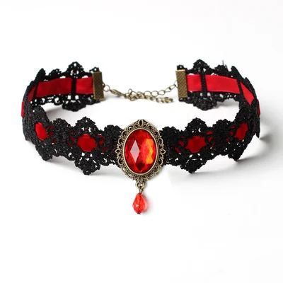 

Punk Steampunk Handmade Costume Party Lolita Victorian Crystal Choker Vampire Pendant Chain Gothic Black Lace Halloween Necklace