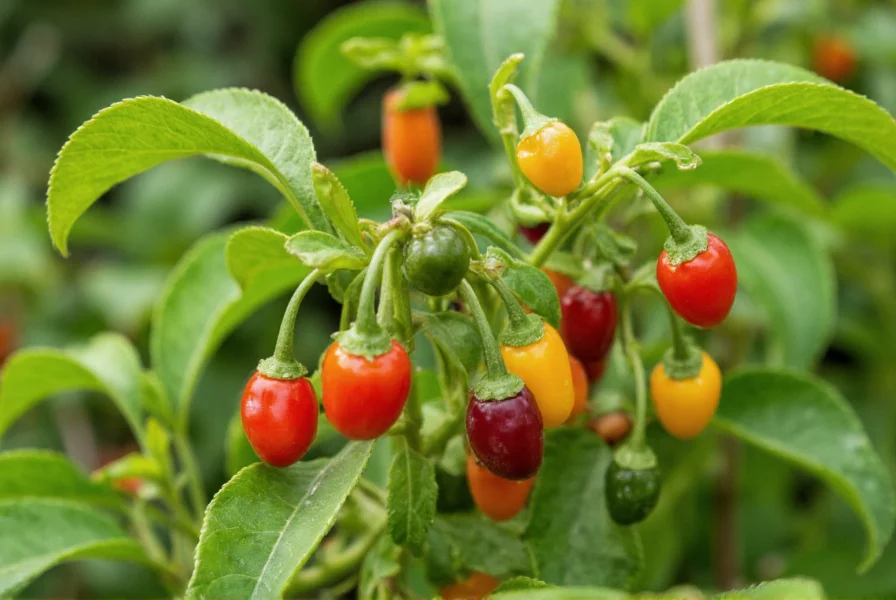 Close-up of Chinese 5 Color pepper plant showing multiple fruit colors on single bush