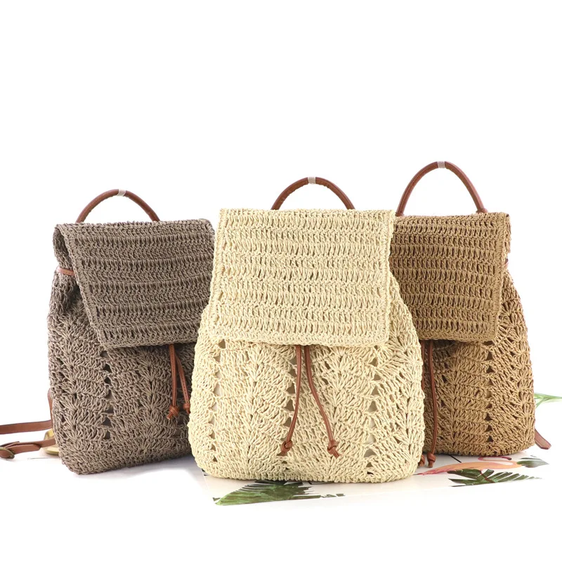 

Women Straw Backpack Hollow-out Crochet Bag Handmade Rattan Backpacks, Natural