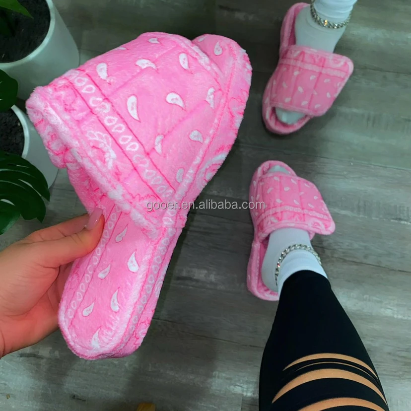 

Women fur slippers flat sandals bandana slippers velcro mules home shoe fluffy slippers for women 2021 autumn fashion, Picture