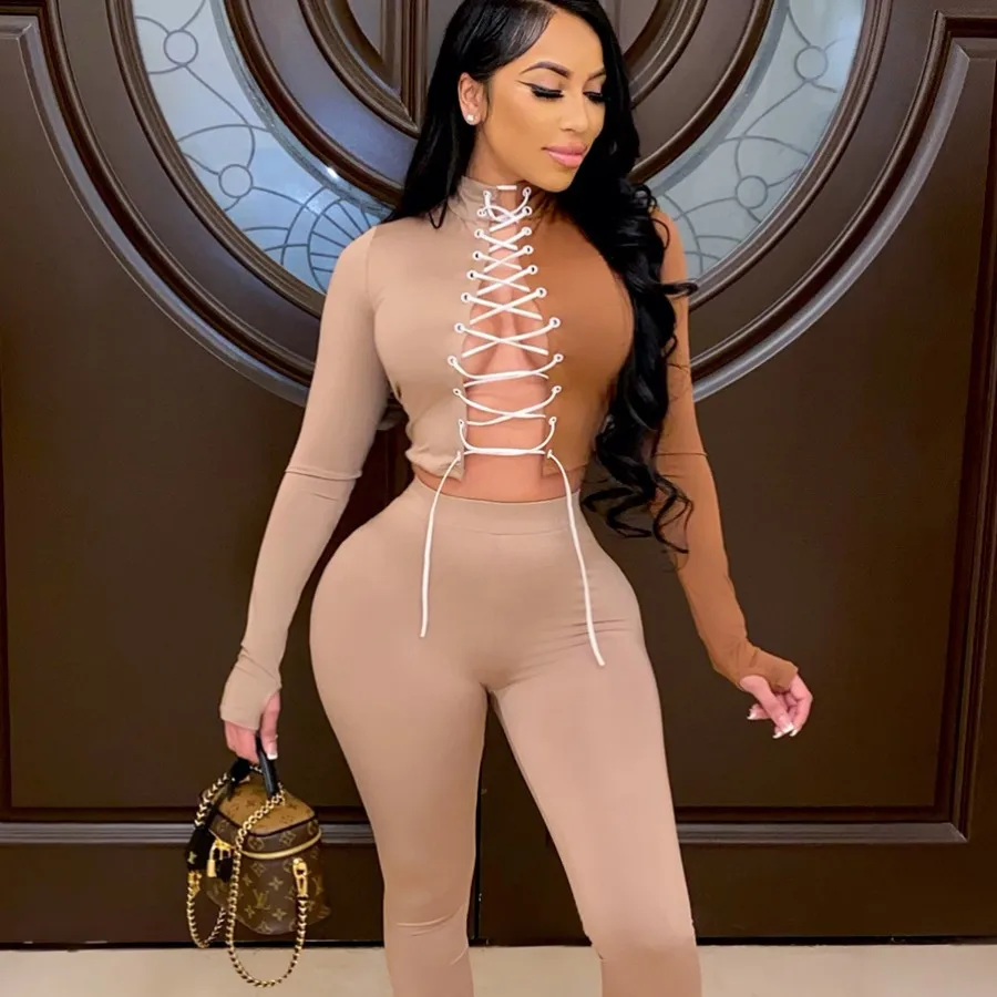 

2021 Fashion Streetwear Sexy Spring Outfits For Women Hollow Out Long Sleeve Two Piece Pants Set -ZR, Khaki