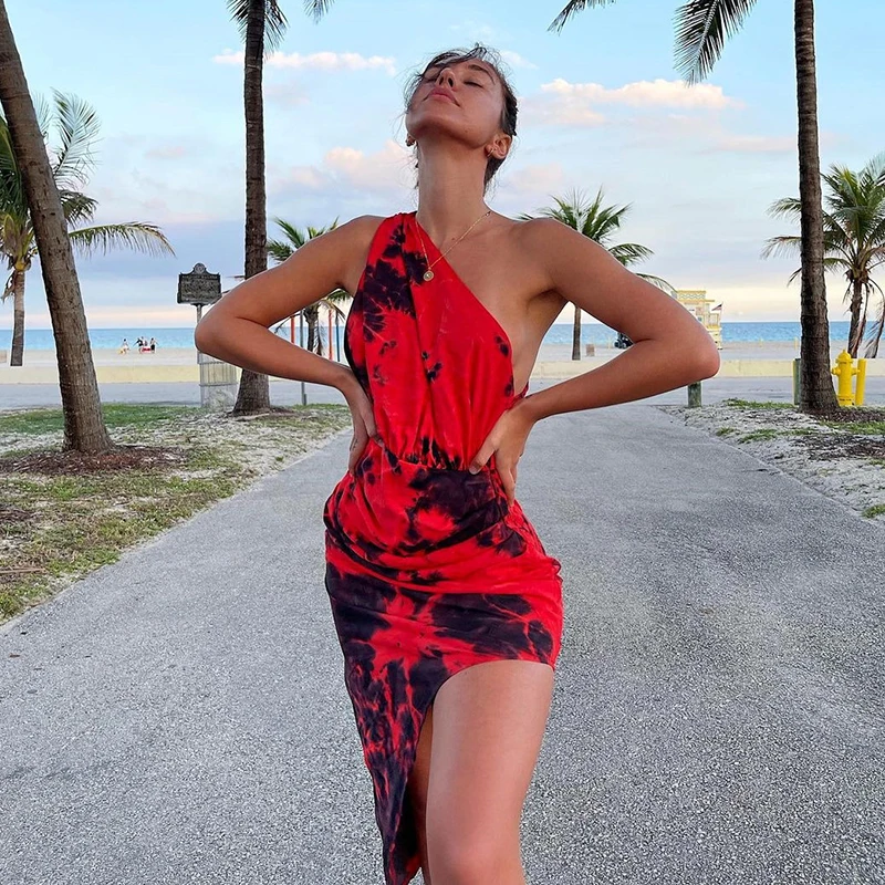 

2021 Summer New Style One Shoulder High Split Asymmetric Red Dresses Printed Slim dress for Women, Shown