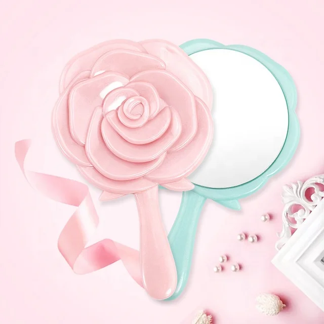 

Princess Candy Color Handheld Mirror Rose Flower Portable Handle Makeup Mirror, Blue, pink
