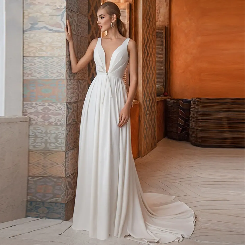 

13027#Simple Deep V-Neck Elegant A-Line Sleeveless Open Backless Wedding Dress Chiffon Sexy Ruched Sweep Train Bridal Gown