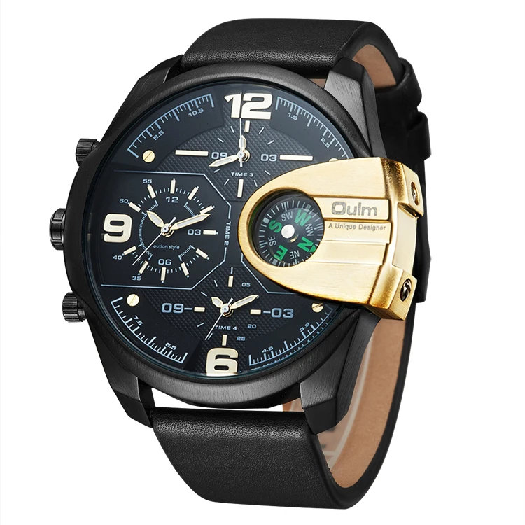 

OULM 3790 fashion black gents quartz watch original Genuine Leather Strap compass 3 time zone Concise sports hand watch