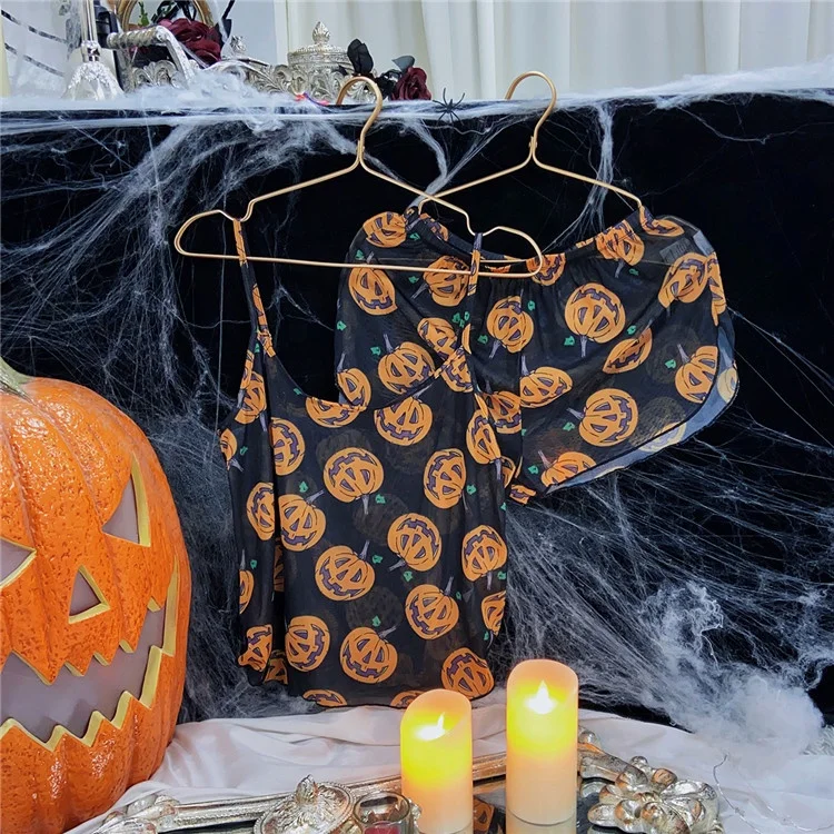 

Designer Inspired Cartoon Print Cami Shorts Soft Mesh Sleepwear Suit Halloween Outfits Pumpkin Pajamas Sets