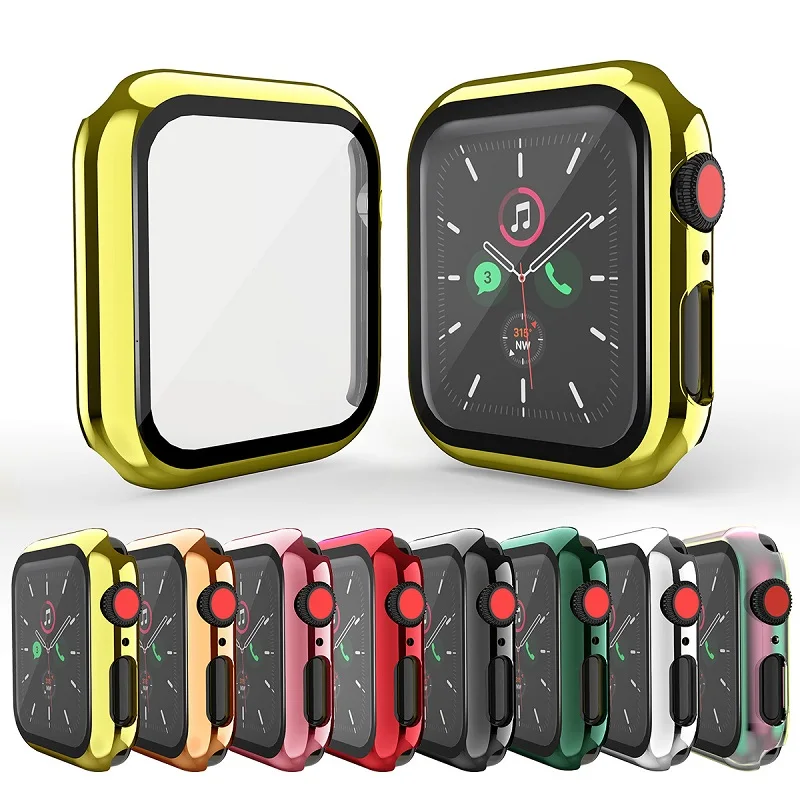 

PC Bumper with Glass Protector Film for Apple Watch 5/4 40MM/44MM Accessories Fill Cover Watch Protective Case, 8 colors