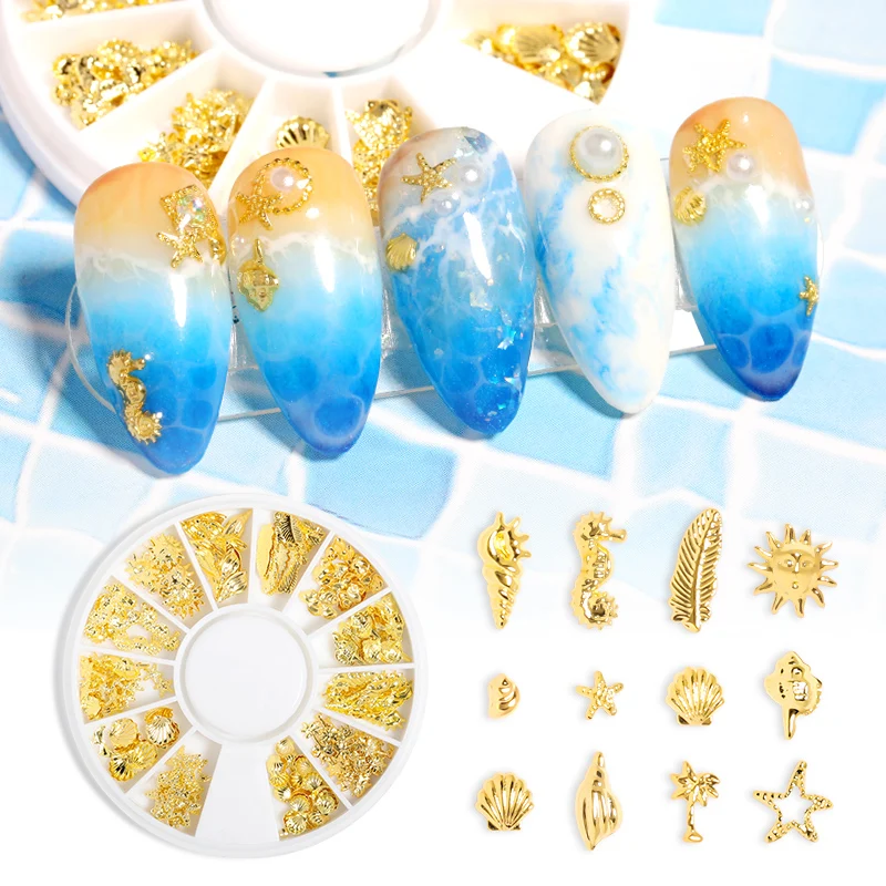 

Ocean series Metal Charm Nail Studs Alloy 3D Decoration Hollow Gold Silver Seahorse Star Heart Round Nail Art Accessories