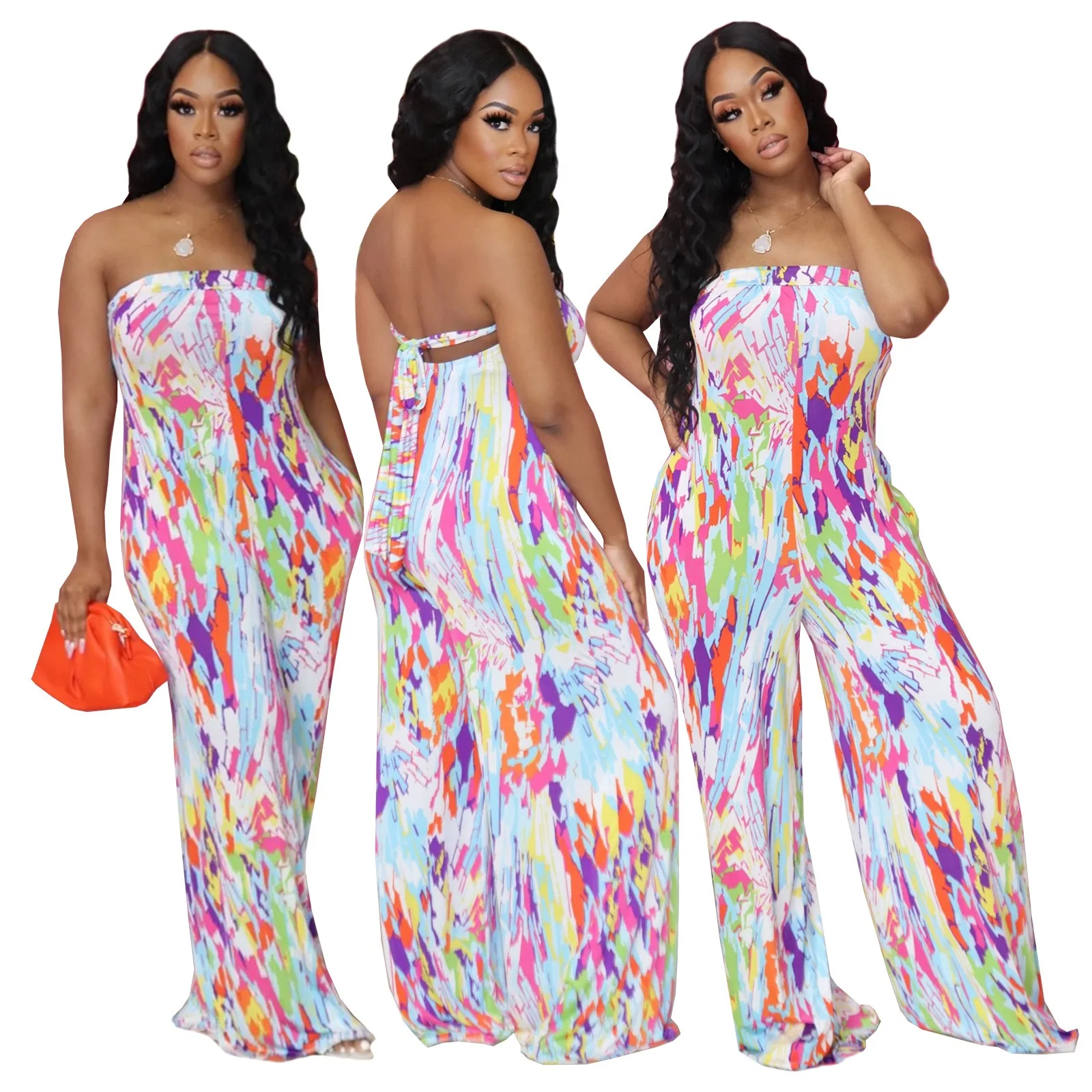 

wholesale summer dresses print boob tube rompers wide leg pant one piece summer women fashion jumpsuit for nightclub wear