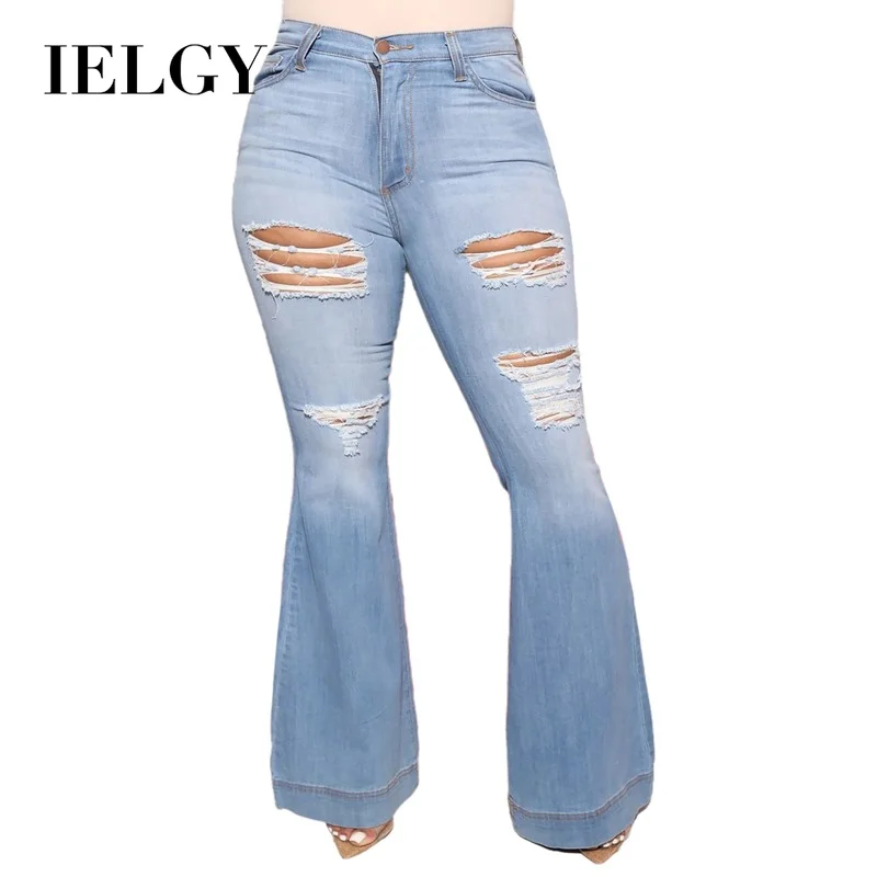 

IELGY Sexy Fashion Knee Hole Slim Fit Stretch Big Size Fat MM Women's Jeans Flared Pants