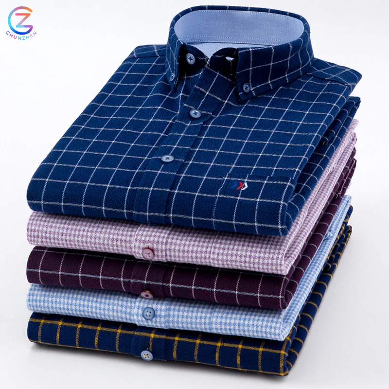 

Wholesale 100% Cotton Custom Logo Heavy Print Long Sleeve Formal Casual Flannel Plaid Man Shirts Work Winter Men Shirts Cotton, Custom color