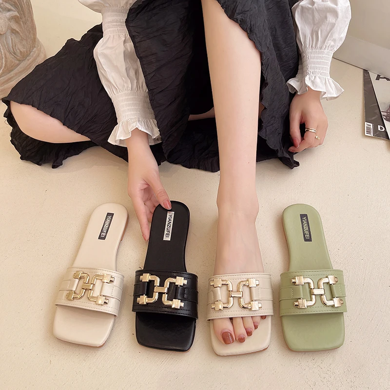 

summer outdoor casual designer plain slide sandal c shaped metallic sandals decorative rubber pu green flat ladies sandals, As the picture shows