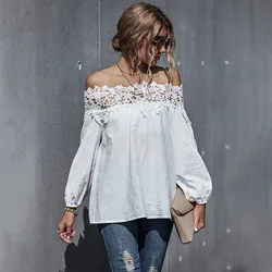 

Spring New European American Style Foreign Trade Women's Lace Stitching Sexy One-shoulder Puff Sleeve French Blouse Women