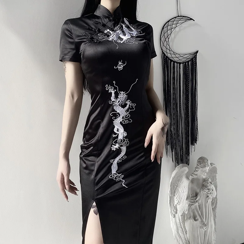

Dark Style Cool Lady Plus Size Long Modified Dragon Embroidered Cheongsam Body Dress Women Qipao Dresses