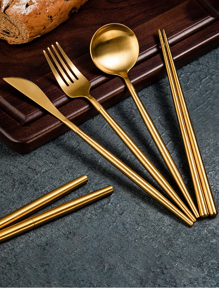 304不锈钢旅行餐具筷子叉子和勺子可移动平板套装