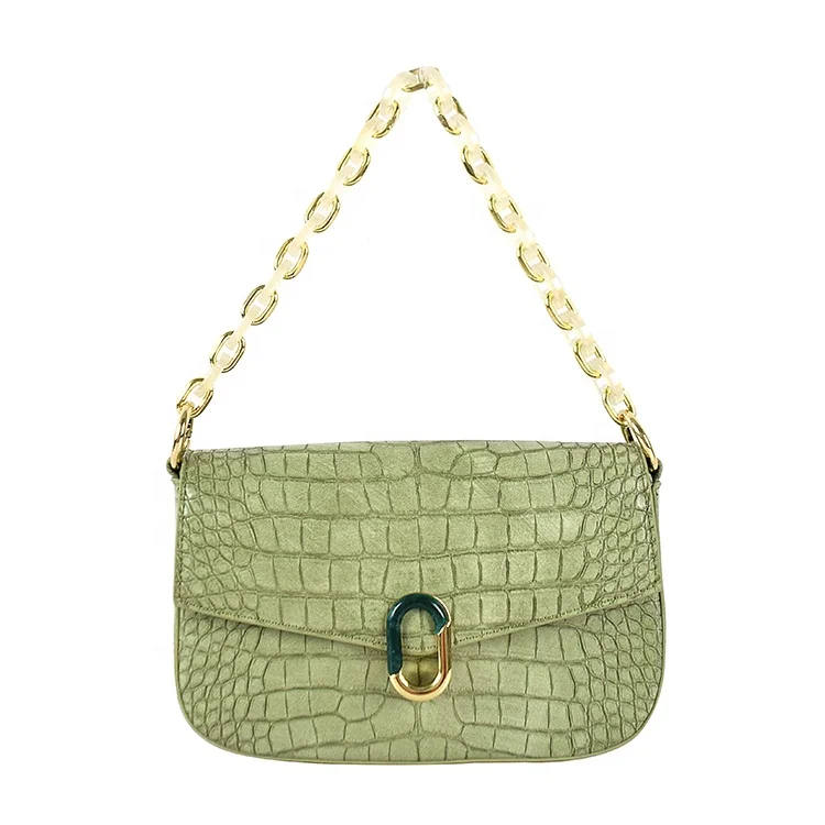 

hot sale trendy design crocodile pattern underarm bag with exquisite acrylic resin chain and lock women's handbag, Green