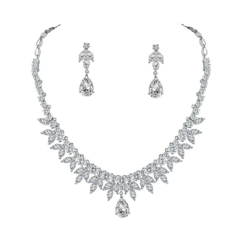 

Sparkling Cubic Zirconia Crystal Water Drop and Marquise Necklace and Earring Bridal or Bridesmaid's Wedding Jewelry Set