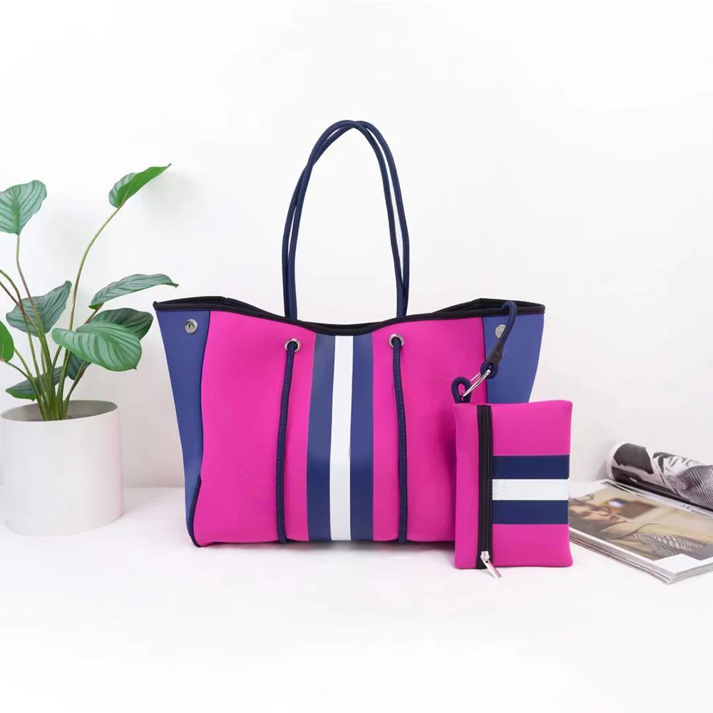 

new style waterproof neoprene customized large beach bag perforated shoulder neoprene handbags tote bag for women