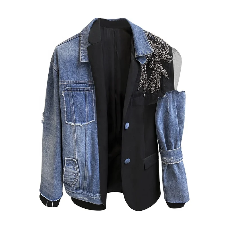 

TWOTWINSTYLE Lapel Long Sleeve Casual Streetwear Beading Patchwork Denim Jacket Women