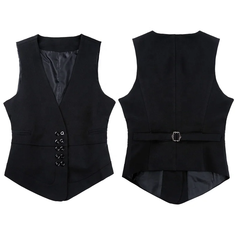 

Women Pure Color Waistcoat V Neck Double-Breasted Button Down Adjustable Back Strap Fully Lined Vest for Office Party