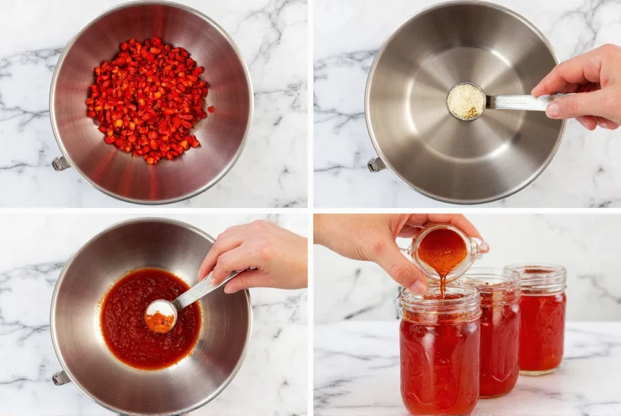 Step-by-step visual guide showing pepper jelly preparation process with chopped peppers in stainless steel bowl, measuring ingredients, and canning jars being filled