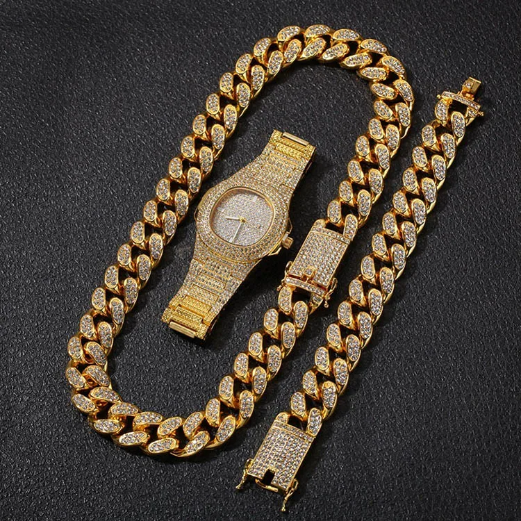 

Hip Hop Gold Color Cuban Chain Gold Silver Free Luxury Combination of Watch and Necklace Set