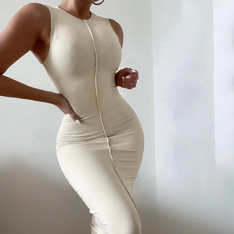 

Women Summer Elegant Long Dress O-Neck Slim Ribbing Bodycon Dress Sleeveless One-Piece Solid Color Allure Women Tank Dresses