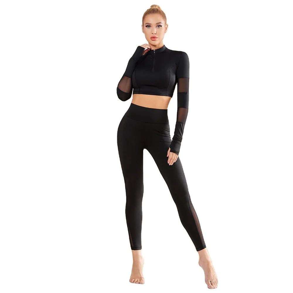 

DJ035 New Stylish 2 piece set women yoga long sleeve active wear fitness set, Black