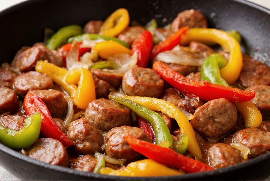 Close-up of sweet Italian sausage and colorful bell peppers sizzling in a cast iron skillet with onions and garlic