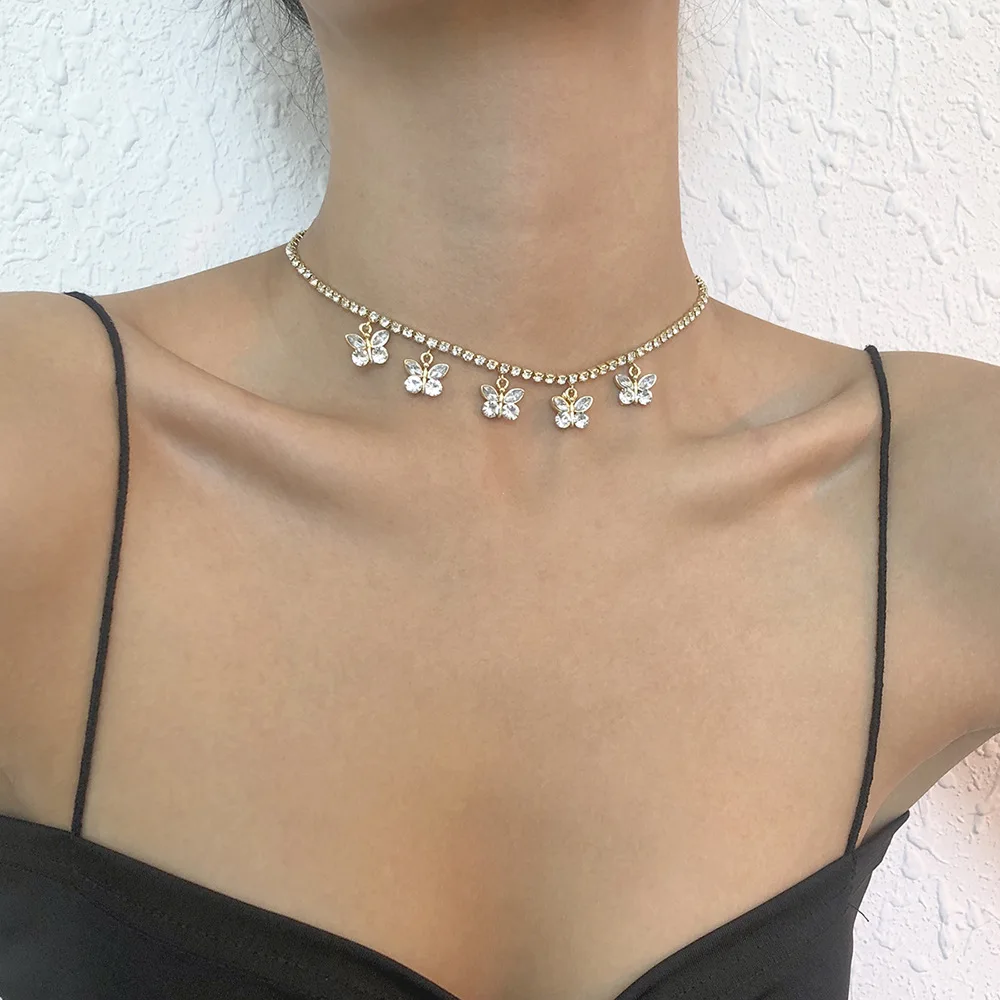 

European and American Style Luxury Rhinestone Diamond Butterfly Pendant Sexy Women Choker Necklace, 1 colors