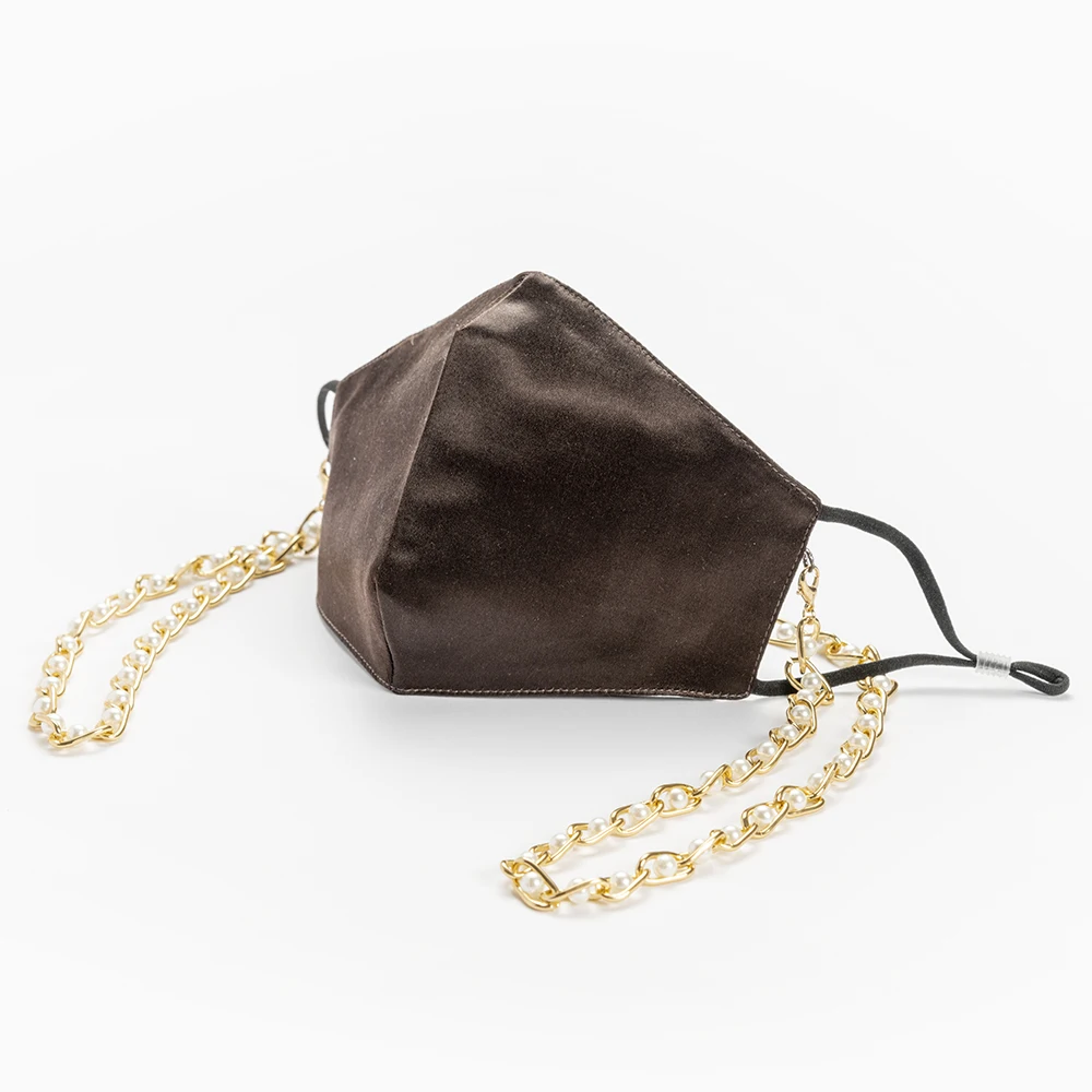 
Filter Insertable Washable Brown Color Silk Satin Facemasks with Chain and Linen Bag 