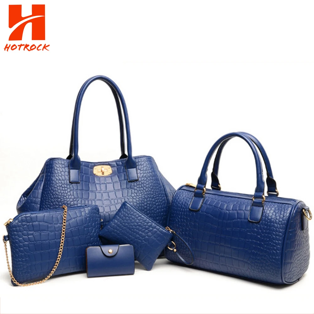 

wholesale 5Pcs Crocodile Pu Leather shoulder luxury women handbag set, Black or customized