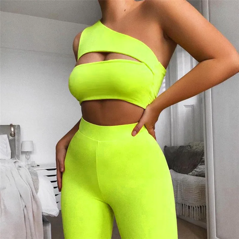 Sexy Women One Shoulder Two Piece Tracksuit Hollow Out Women Two Piece Shorts Set