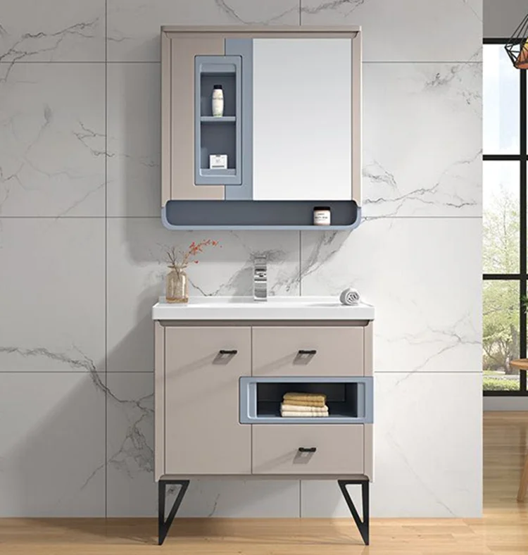 Modern design PVC bathroom storage furniture set floor standing vanity cabinet with countertop basin
