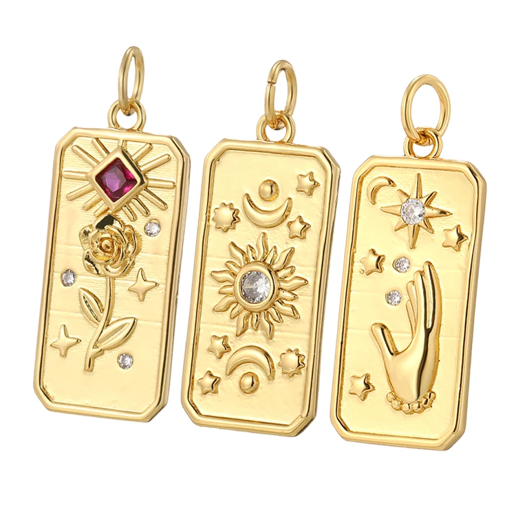 

New Design 14K Gold Plated Rectangle Sun Flower Hand Jewelry Pendant Charm