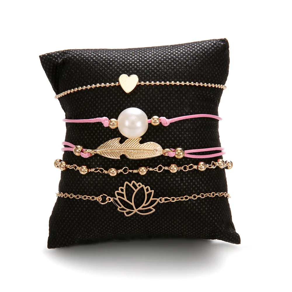 5 Pcs Bohemia Handmade Knit Metal Leaf Heart Beads Lotus Chain Jewelry Bracelet Set For Women