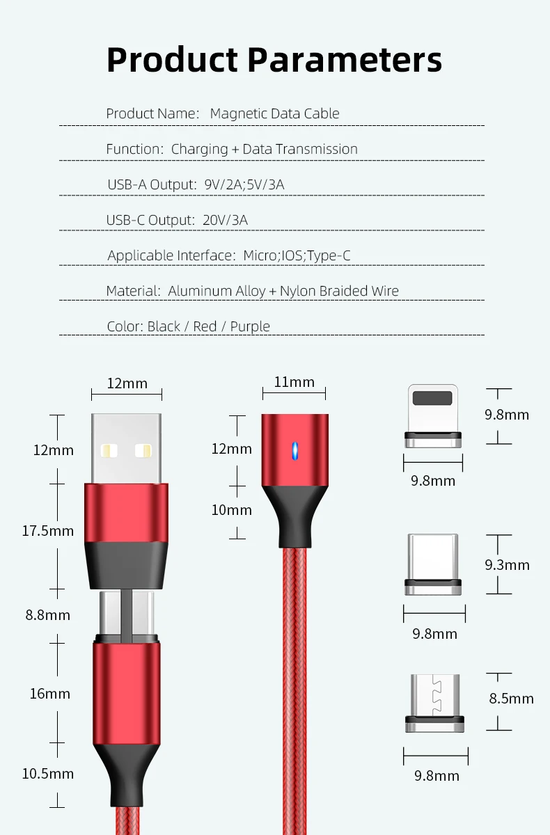 wholesale on stock magnetic charging cable cell phone accessories PD USB C/USB A to android type c/ios lighting micro usb cable