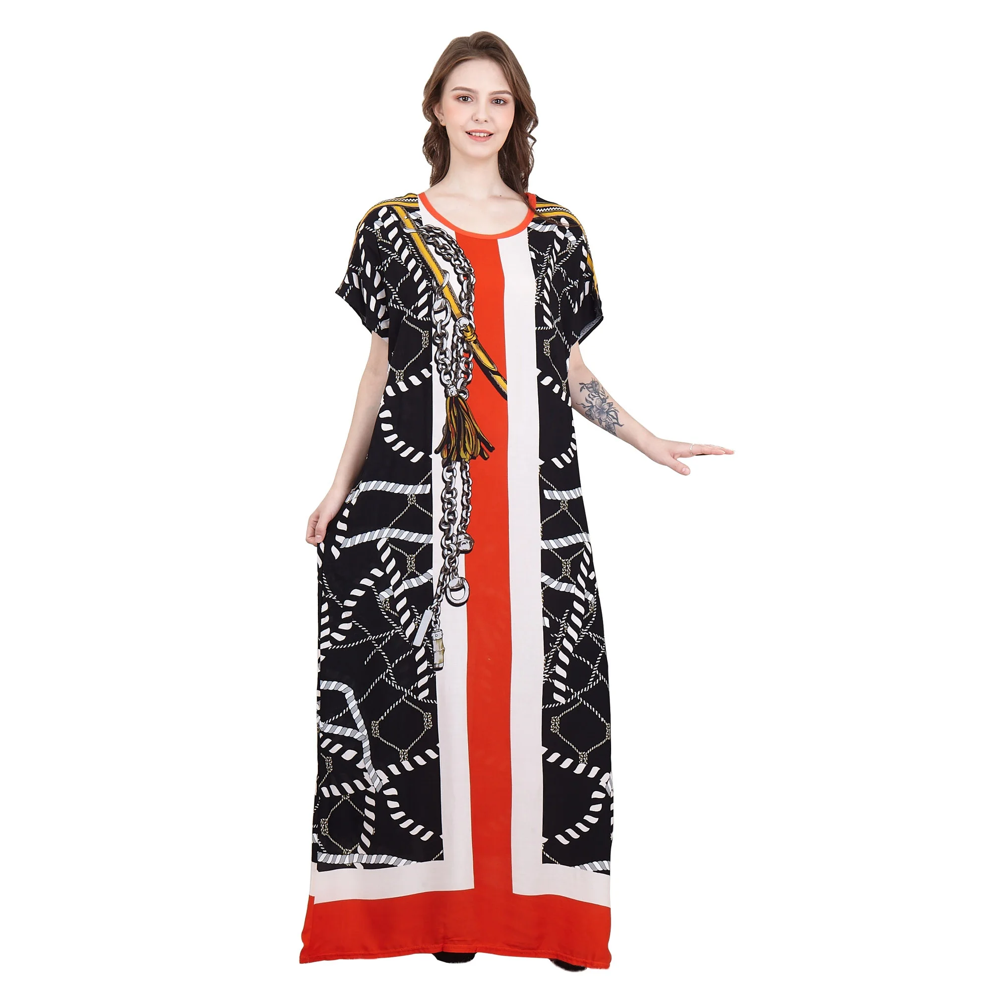 

Fashion print casual dresses islamic clothing arab robe women, Black/white