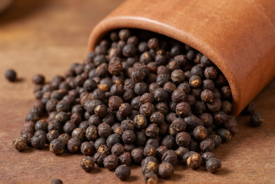 Close-up photograph of Lada Sulah peppercorns showing their distinctive dark color and wrinkled texture against a wooden spice board